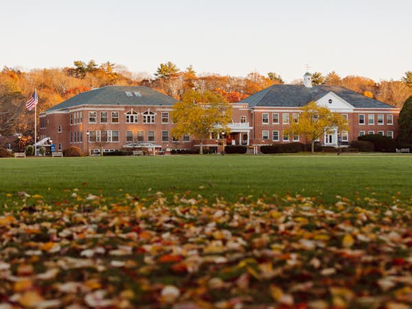 Orange leaves on the quad at Gordon College in fall