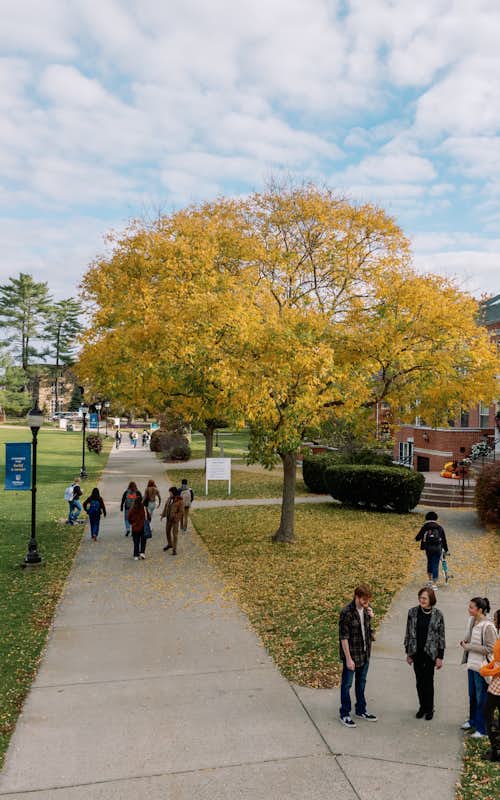 Students and faculty walk between class blocks outside of the library