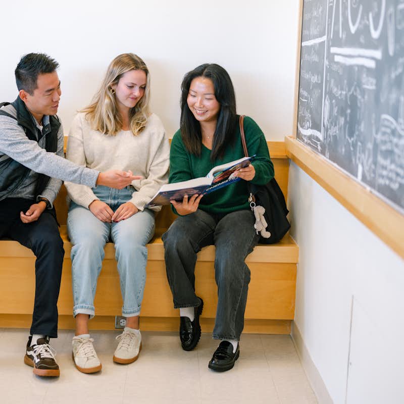 Three students study together with a textbook