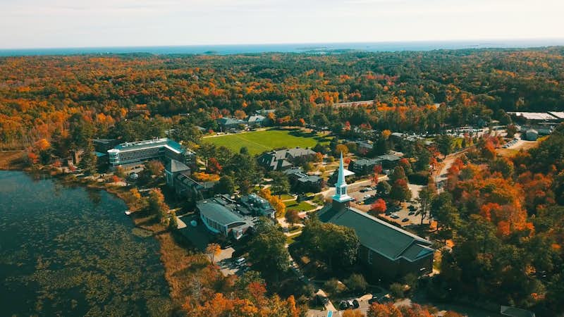 Aerial view of Gordon, a college in New England, in the fall.