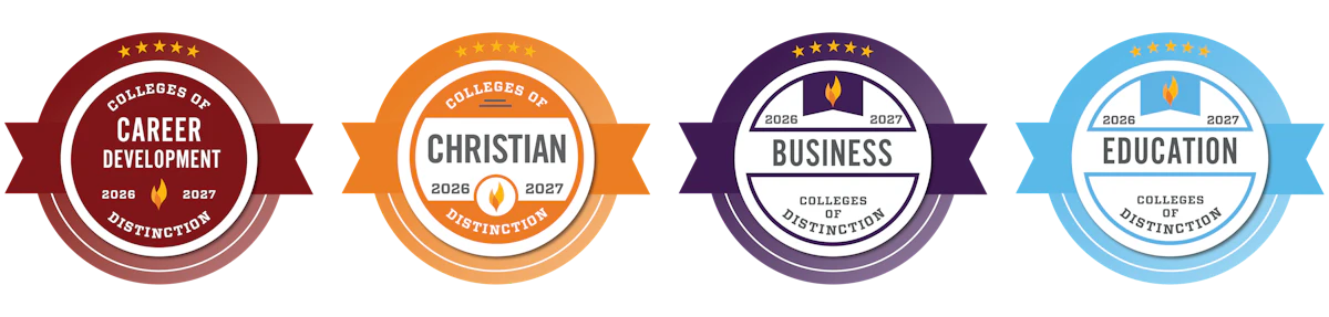 Four badges read: "Colleges of: Career development, Christian, Business, and Education"