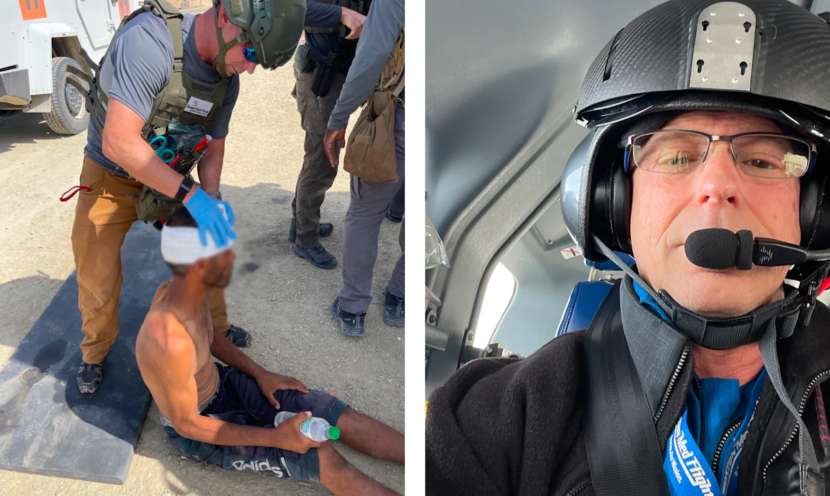 Two photos show a man working in emergency medicine. The image on the left shows him wrapping a bandage around another man's head. The image on the right shows him in a helicopter with a helmet on.